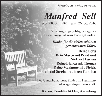 Traueranzeige von Manfred Sell von Märkische Oderzeitung