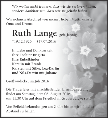 Traueranzeige von Ruth Lange von Märkische Oderzeitung