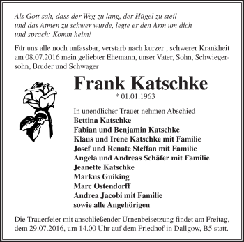 Traueranzeige von Frank Katschke von Märkische Oderzeitung