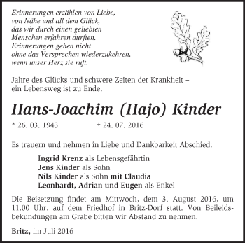 Traueranzeige von Hans-Joachim  Kinder von Märkische Oderzeitung