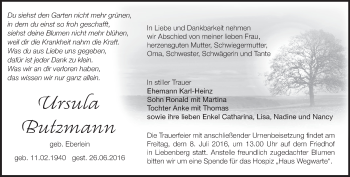 Traueranzeige von Ursula Butzmann von Märkische Oderzeitung