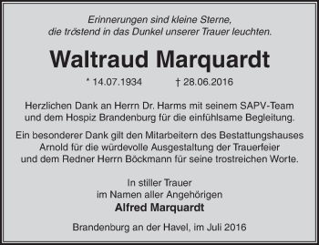 Traueranzeige von Waltraud Marquardt von Märkische Oderzeitung