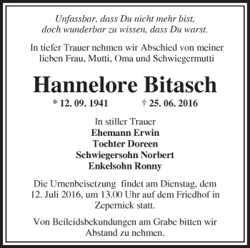 Traueranzeige von Hannelore Bitasch von Märkische Oderzeitung