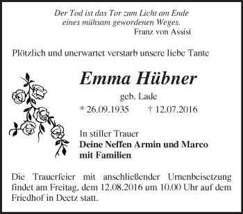 Traueranzeige von Emma Hübner von Märkische Oderzeitung