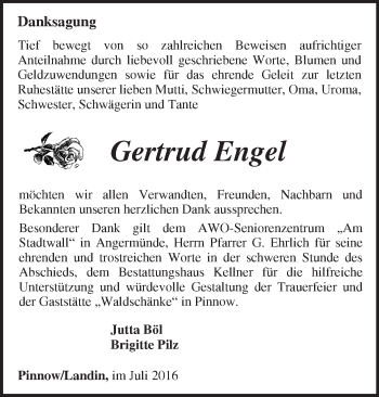 Traueranzeige von Gertrud Engel von Märkische Oderzeitung