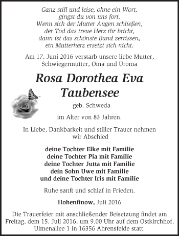 Traueranzeige von Rosa Dorothea Eva  Taubensee von Märkische Oderzeitung