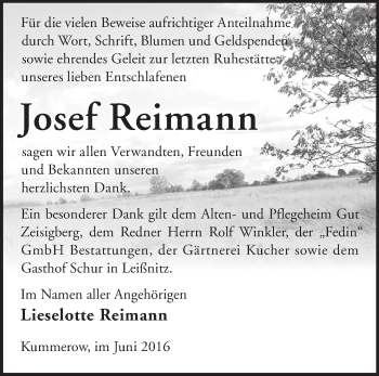 Traueranzeige von Josef Reimann von Märkische Oderzeitung