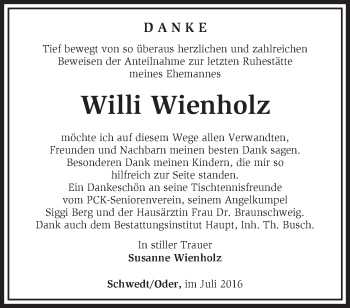 Traueranzeige von Willi Wienholz von Märkische Oderzeitung