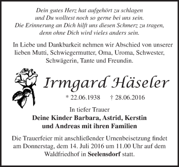 Traueranzeige von Irmgard Häseler von Märkische Oderzeitung