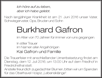 Traueranzeige von Burkhard Gafron von Märkische Oderzeitung