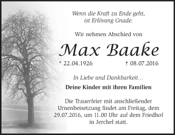 Traueranzeige von Max Baake von Märkische Oderzeitung