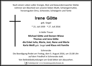 Traueranzeige von Irene Götte von Märkische Oderzeitung