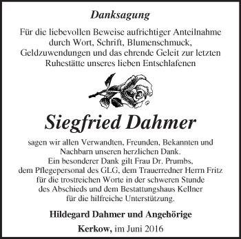 Traueranzeige von Siegfried Dahmer von Märkische Oderzeitung