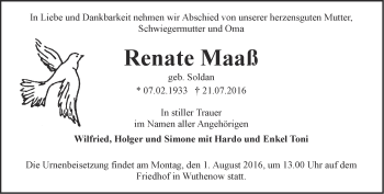 Traueranzeige von Renate Maaß von Märkische Oderzeitung