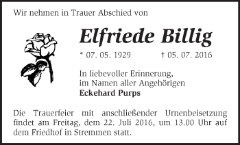 Traueranzeige von Elfriede Billig von Märkische Oderzeitung