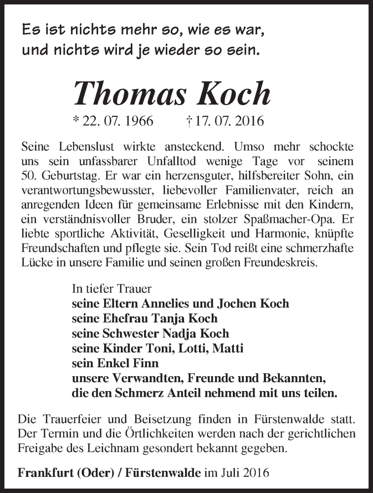  Traueranzeige für Thomas Koch vom 21.07.2016 aus Märkische Oderzeitung