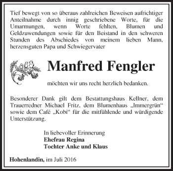 Traueranzeige von Manfred Fengler von Märkische Oderzeitung