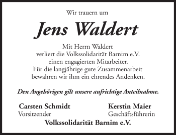 Traueranzeige von Jens Waldert von Märkische Oderzeitung