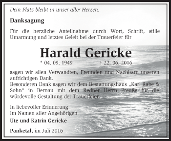 Traueranzeige von Harald Gericke von Märkische Oderzeitung