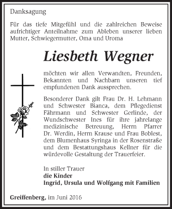 Traueranzeige von Liesbeth Wegner von Märkische Oderzeitung