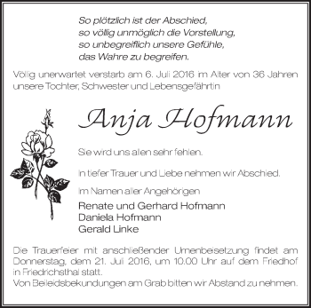 Traueranzeige von Anja Hofmann von Märkische Oderzeitung