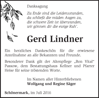 Traueranzeige von Gerd Lindner von Märkische Oderzeitung