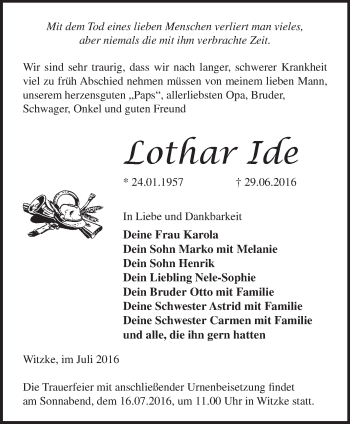 Traueranzeige von Lothar Ide von Märkische Oderzeitung