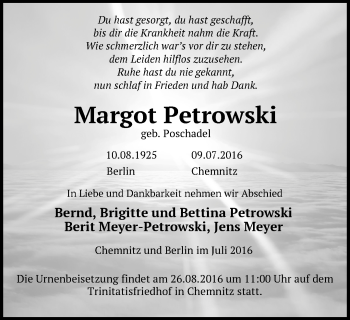 Traueranzeige von Margot Petrowski von Märkische Oderzeitung