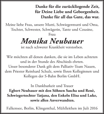 Traueranzeige von Monika Neubauer von Märkische Oderzeitung