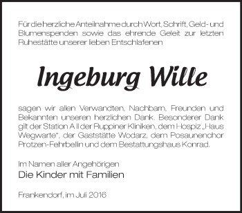 Traueranzeige von Ingeburg Wille von Märkische Oderzeitung