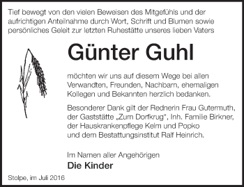 Traueranzeige von Günter Guhl von Märkische Oderzeitung