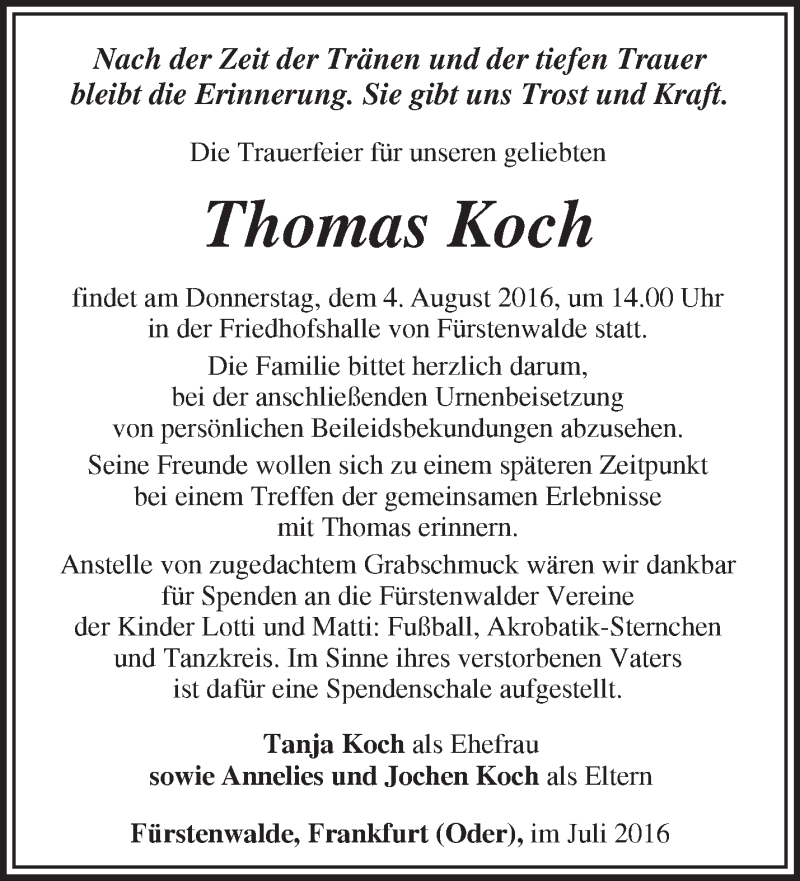  Traueranzeige für Thomas Koch vom 29.07.2016 aus Märkische Oderzeitung