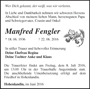 Traueranzeige von Manfred Fengler von Märkische Oderzeitung