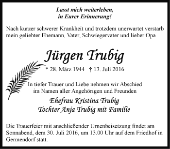 Traueranzeige von Jürgen Trubig von Märkische Oderzeitung