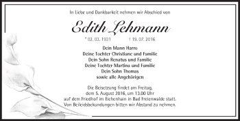 Traueranzeige von Edith Lehmann von Märkische Oderzeitung