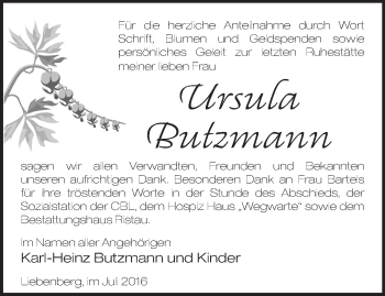 Traueranzeige von Ursula Butzmann von Märkische Oderzeitung