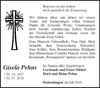 Traueranzeige von Gisela Pehns von Märkische Oderzeitung