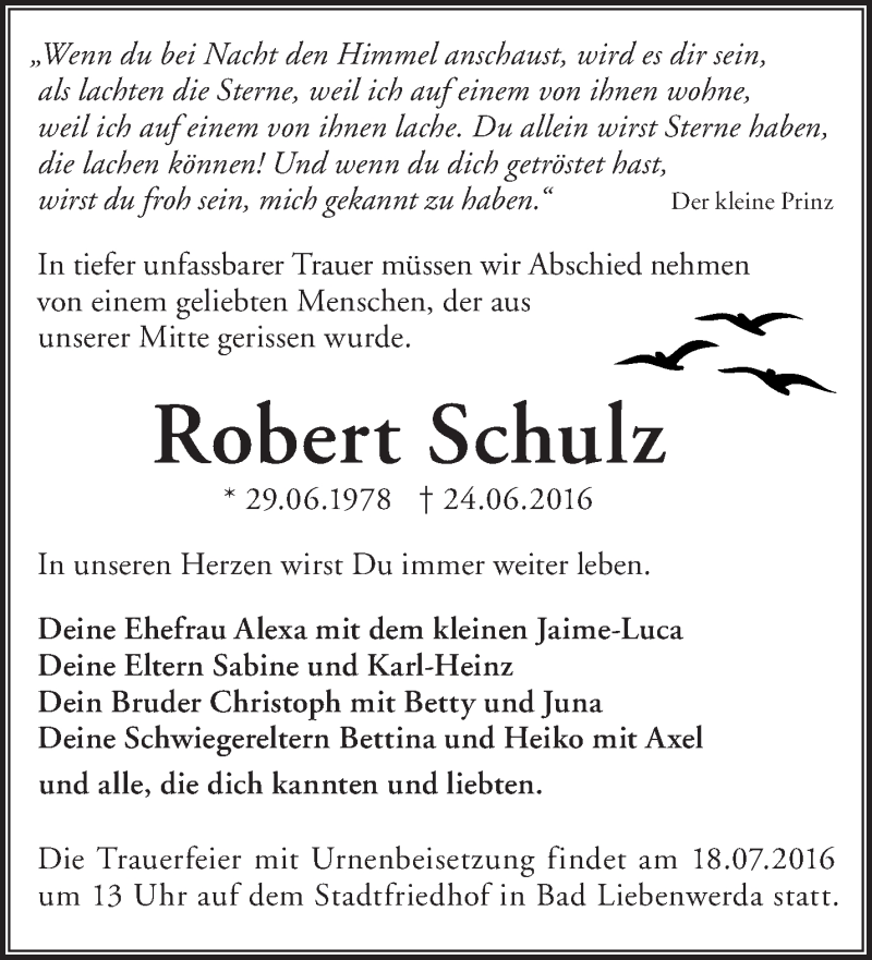  Traueranzeige für Robert Schulz vom 09.07.2016 aus Märkische Oderzeitung