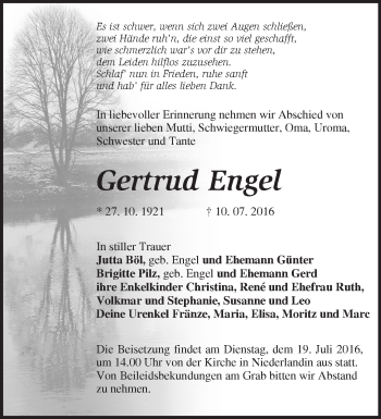 Traueranzeige von Gertrud Engel von Märkische Oderzeitung