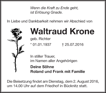 Traueranzeige von Waltraud Krone von Märkische Oderzeitung