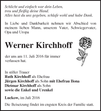 Traueranzeige von Werner Kirchhoff von Märkische Oderzeitung