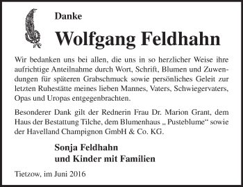 Traueranzeige von Wolfgang Feldhahn von Märkische Oderzeitung