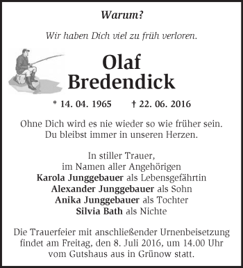 Traueranzeige von Olaf Bredendick von Märkische Oderzeitung