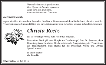 Traueranzeige von Christa Reetz von Märkische Oderzeitung