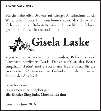 Traueranzeige von Gisela Laske von Märkische Oderzeitung