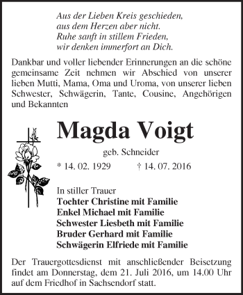 Traueranzeige von Magda Voigt von Märkische Oderzeitung