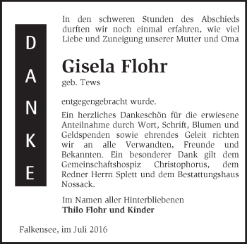 Traueranzeige von Gisela Flohr von Märkische Oderzeitung