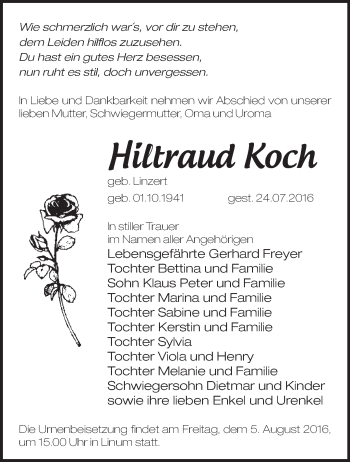 Traueranzeige von Hiltraud Koch von Märkische Oderzeitung