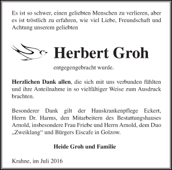 Traueranzeige von Herbert Groh von Märkische Oderzeitung