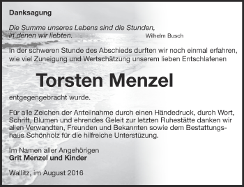 Traueranzeige von Torsten Menzel von Märkische Oderzeitung